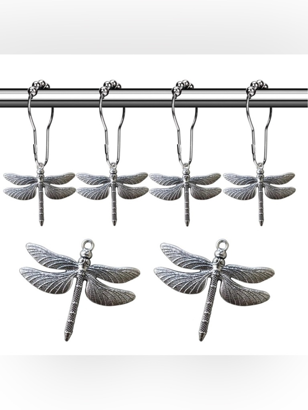 BEAUTIFUL Silver Tone DRAGONFLIES Novelty Dragonfly Shower Curtain Hook Rings